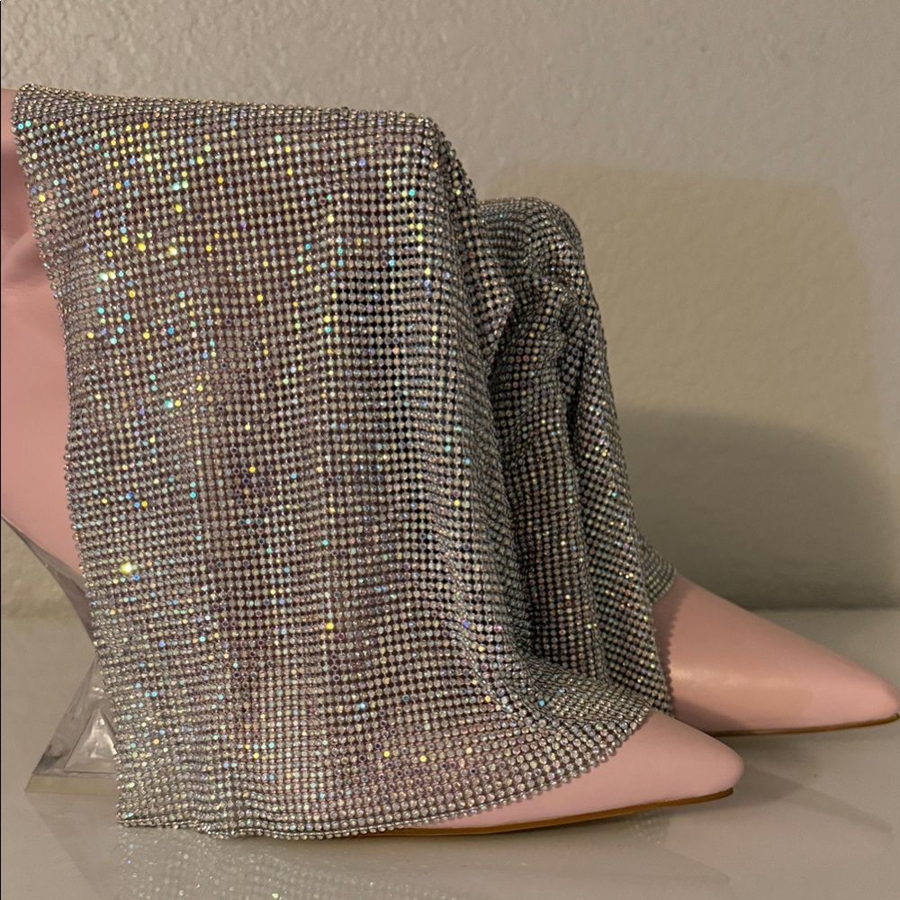AKIRA Pink and Silver Rhinestone Ankle Booties